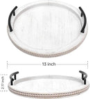 SwallowLiving White Wooden Beaded Serving Tray with Handle Decorative Rustic Whitewashed Tray for Coffee Table Farmhouse Round Tray for Kitchen, Living Room and Bedroom by CozyNest Decor
