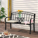 AVAWING Outdoor Metal Garden Bench, 2-Seat Patio Porch Bench with Steel Frame, Park Bench w/Pullout Middle Table＆ Cushion for Backyard Lawn Deck Entryway, Black by CozyNest Decor