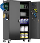 72" H Wide and Deep Garage Storage Cabinet with Wheels & Pegboard, Large Locking Metal Storage Cabinet with 2 Doors and 4 Adjustable Shelves for Garage, Home, Assembly Required, Black by GreenHaven Gardens