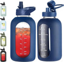 64 oz Glass Water Bottle With Straw and Handle, Half Gallon Sports Motivational Water Jug Flask with Silicone Sleeve, Large Water Cup with Time Marker for Travel, Gym, Navy by CozyNest Decor