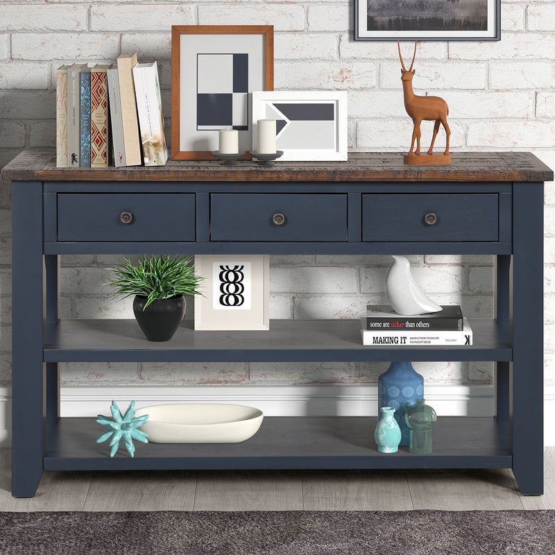48" Solid Pine Wood Top Console Table, Modern Entryway Sofa Side Table with 3 Storage Drawers and 2 Shelves. Easy to Assemble (Blue)