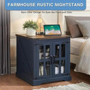 Farmhouse End Table with Charging Station,24" Large Side Table with Glass Barn Door, Rustic Wood Nightstand Bedside Table with Adjustable Storage Shelf for Living Room, Bedroom, Blue,2 Pack by CozyNest Decor
