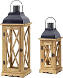 Farmhouse Wooden Metal Candle Lantern Set of 2, Rustic Large Decorative Floor Lanterns, Indoor/Outdoor Hurricane Lantern for Home Decor (No Glass) by CozyNest Decor