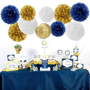 Navy-Blue Gold Party-Decorations Paper-Flowers Lanterns - 15PCS Royal White Baby Bridal Shower Tissue Pom Poms Streamers, Bachelorette Birthday Wedding Graduation Hanging Supplies Decor Hugfond by CozyNest Decor