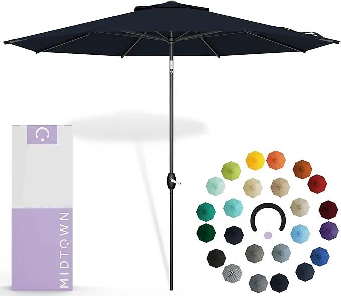 Midtown Umbrellas Sunbrella Umbrella 10 Feet Large Outdoor Umbrella With Sunbrella Canvas Navy Fabric - Auto-Tilt Aluminum Frame Large Patio Umbrella For Backyard, Deck, Garden, Pool - Black Pole