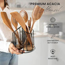 360° Rotating Kitchen Utensil Holder- 3 Compartment Organizer with Cork Bottoms | Includes Premium 9-Piece Acacia Wood Utensil Set | Professional & Home Luxury Design | Metal Utensil Crock (Black) by CozyNest Decor