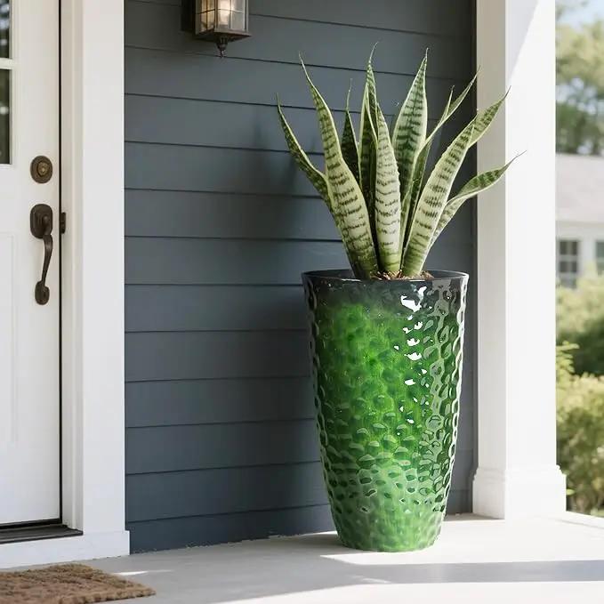 Worth Garden 14" Dia x 24" H Large Plastic Planters with Drainage Hole, Set of 2 Hammered Texture Green Glossy Smooth Finish, Tall Round Decorative Flower Plant Pot for Indoor Outdoor, Front Porch, photo 6 of 7