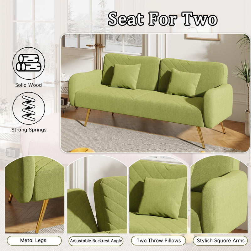 70.47" Green Fabric Double Sofa with Split Backrest and Two Throw Pillows,Suitable for living room, apartment, home office