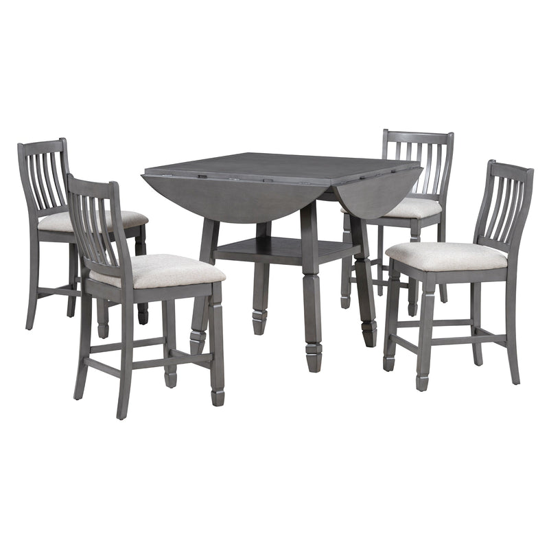 5-Piece Counter Height Dining Table Set in 2 Table Sizes with 4 Folding Leaves and 4 Upholstered Chairs for Dining Room (Gray+Beige Cushion)