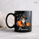 Personalized Name Norwegian Forest Halloween Coffee Mug, Custom Norwegian Forest Witch Hat Ceramic Cup, Cat with Pumpkins Mug 11oz 15oz, Halloween Cat Black Cup Gift for Boy Girl Pet Owner by TinyTreasures Baby Boutique