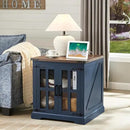 Farmhouse End Table with Charging Station,24" Large Sofa Side Table with Glass Barn Door, Rustic Wood Nightstand Bedside Table with Adjustable Storage Shelf for Living Room, Bedroom, Blue by CozyNest Decor