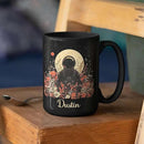 Astronaut with Moon and Wildflowers Coffee Mug, Custom Name Ceramic Cup 11oz 15oz, Unique Astronaut Coffee Cup for Friends, Personalized Astronomy Black Mug, Gifts for Birthday by CozyNest Decor