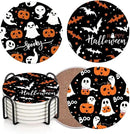Coaster for Drinks Set of 6, Halloween Ghost Pumpkins Bats Holiday Black Absorbent Round Ceramic Stone Mat, with Cork Base and Metal Holder, Gift for Housewarming Room Bar Decor by CozyNest Decor