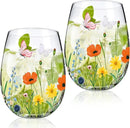 Sliner 2 Pack 17oz Wildflower Stemless Wine Glasses Floral Butterfly Drinking Glasses Spring Flowers Tumbler Cups for Graduation Wedding Mother's Day Birthday Drinking Party Favors by CozyNest Decor