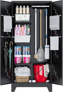 71'' Metal Storage Cabinet with Doors, Multifunctional Bathroom/Garage Lockable Steel Cabinet, Broom Closet Storage with Hanging Rod (Style-1) by CozyNest Decor