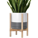 D'vine Dev Ceramic Planter with Natural Stand - 12 Inch Modern Round Flower Pot with Wood Planter Holder, White/Grey, 55-B-J-6 by CozyNest Decor