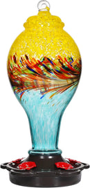LUJII Hand Blown Glass Hummingbird Feeder for Outdoors with Ant Moat, Leak Proof & Rustproof, 25 fl.oz, Metal Base Cover with 5 Feeding Ports & Perches, Glass Art for Garden Decor (Blue Mixed Yellow) by GreenHaven Gardens