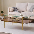 Rectangle Coffee Table, Mid-Century Modern Design, L41 W21 x H17, for Living Room, 2-Tier Structure, Clear Glass Top and Walnut MDF Shelf, Sleek Conical Metal Legs with Gold Finish by CozyNest Decor