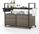 Outdoor Bar Cart with Storage Cabinet, Patio Bar Table with Tempered Glass Tabletop, Outdoor Serving Grill Cart with Rolling Wheels, Rattan Bar Cart for Patio, Backyard, Grey Wicker by CozyNest Decor