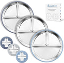 Stainless Steel Suction Plates for Toddlers, 9" Divided Kids Baby Plates with Removable Silicone Suction, Non Toxic Non Slip Portion Control Snack Dishes 3 Packs, Blue Gray Navy by TinyTreasures Baby Boutique
