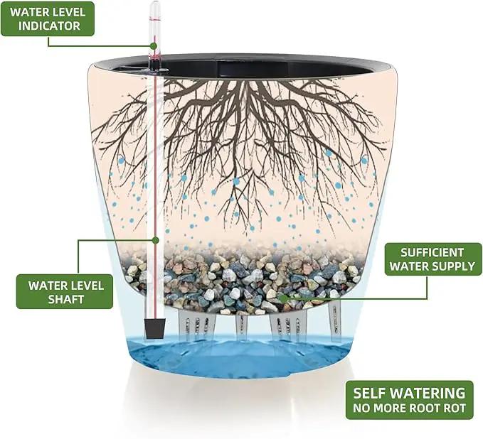Dexceder 9x8 Inches Self Watering Planter Indoor Outdoor, Inner Pot Design, Thickened Table Flower Plant Pot with Water Level Indicator (Grey Gold Crackle), photo 3 of 6