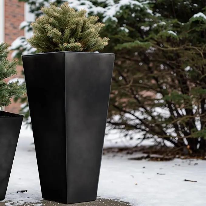WORTH Garden 25" Large Metal Glazed Planter Set of 2, Luxurious Glossy Finish Black Tall Square Tapered Steel Plant Pots, Decor Flower Pot Indoor & Outdoor, Drainage Hole & Dual-Purpose Plant Saucer, photo 4 of 7