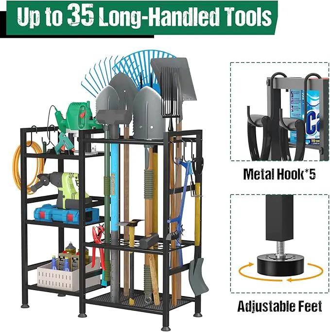 keomaisyto Garden Tool Organizer for Garage Organization, 3 Tier Yard Tool Storage Rack with 35 Long-Handled Tool Slots, Heavy Duty Garden Tool Holder with Large Hooks for Shed, Yard, Garage, photo 5 of 7