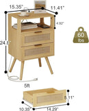 Rattan Nightstand with Charging Station,Modern Bedside Table with 2 Storage Drawer and Open Wood Shelf, for Bedroom and Small Spaces,Night Stand with Solid Wood Legs (Yellow Oak) by CozyNest Decor