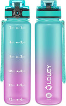 OLDLEY 32 oz Water Bottle, Motivational Water Bottle with Time Marker, Sports Water Bottle With Strap, Leakproof & BPA Free Large Water Bottles for School, Gym, Travel,Tritan,Green&Purple by CozyNest Decor