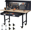 60-Inch Garage Workbench with Wheels, Adjustable Rubber Wood Top Garage Workbench with Pegboard & Drawer & Power Outlet, 2000 lbs Load Capacity, for Workshop, Woodworking, Office by GreenHaven Gardens