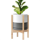 D'vine Dev Ceramic Planter with Natural Stand - 10 Inch Modern Round Flower Pot with Wood Planter Holder, White/Grey, 55-B-K-6 by CozyNest Decor