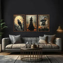 KAIRNE Framed Halloween Canvas Wall Art,Dark Witch Crow Prints,Black Cat Painting,Horror Gothic Pictures Set of 3 (16”X24”),Scary Halloween Wall Decor for Party Living Room Bedroom Office Decoration by CozyNest Decor