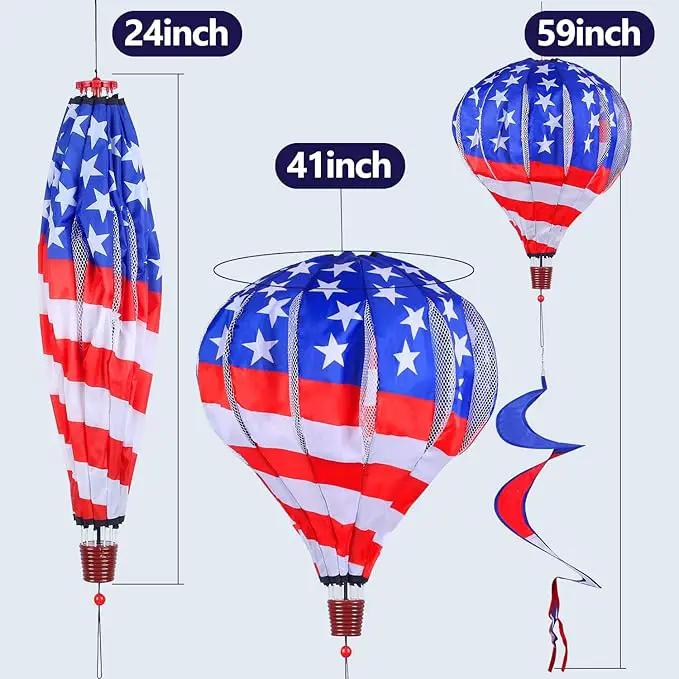 BATTIFE 2Pcs Patriotic Hot Air Balloon Wind Spinner, American Flag Kinetic Wind Twister with Tail, Outdoor Spiral Windmill Garden Yard, 4th of July Hanging Decoration, photo 5 of 9