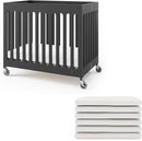 Foundations Boutique Folding Hotel Crib and Sheet Bundle - Includes Wooden Mini Crib with 3" Foam Mattress (Ebony) and 6-Pack White Fitted Compact Sheets by TinyTreasures Baby Boutique
