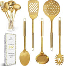 Gold Cooking Utensils Set – 5-Piece Stainless Steel Kitchen Tools for Modern Cooking and Serving – Dishwasher Safe Ladle, Spoon, Spatula, Pasta Fork, Luxury Brass Kitchen Accessories for Home Chefs by CozyNest Decor