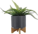 Sagebook Home 8" Ceramic Planter, Matte Gray Planter, Indoor/Outdoor Planter on Wooden Stand - Use for Succulent Pot, Plants, Flowers and More by GreenHaven Gardens