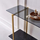 Glass Console Table for Living Room, Foyer & Entrance, 2-Tiers Mid-Century Modern Sofa Table with Grey Glass Top, Black Marble Finish Wood Shelf and Gold Finish Frame by CozyNest Decor
