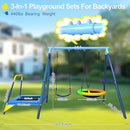 440lbs Kids Swing Set, 3-in-1 Outdoor Playground with Saucer Swing, Belt Seat & 4ft Trampoline, Heavy Duty A-Frame Metal Stand & Safety Stakes, Backyard Playset for Toddlers 3-8 Years Old by TinyTreasures Baby Boutique