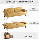 89” Futon Sofa Bed, Linen Comfy Futon Couch Bed with 2 Square Pillows, Convertible Sleeper Sofa with Adjustable Backrest& Armrests, Modern Loveseat Sleeper for Living Room, Bedroom, Yellow by CozyNest Decor