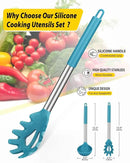Silicone Pasta Fork and Ladle Spoon Set, Large Non Stick Kitchen Utensils for Cooking,Stirring,Serving Spaghetti, Soup, Sauce (BLUE) by CozyNest Decor