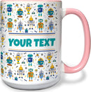 Personalized Mug for Kids - Robots - Custom Name/Text, Ceramic Hot Chocolate/Cocoa/Coffee Cup for Boys, Birthday/Christmas/Holiday Gift - 15 oz, Pink Handle by TinyTreasures Baby Boutique