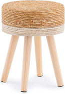 Handwoven Outdoor Ottoman, Water Hyacinth Pouf Round Patio Footstool with Wood Legs, 17-Inch Multipurpose Vanity Stool, Dining Chair, Patio Footrest for Balcony and Garden, White by CozyNest Decor