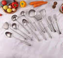 18/10 Stainless Steel Kitchen Utensils Set - 12 PCS All Metal Cooking Tools & 15″ Serving Utensils - Potato Masher, Meat Fork, Tongs, Turner, Pasta, Serving Spoon, Skimmer, Ladle, Spatula Spoon Set by CozyNest Decor