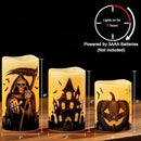 Wondise Halloween Flameless Flickering Candles with 6 Hour Timer, Battery Operated Real Wax Halloween Candles Set of 3 Halloween Decoration Grim Reaper, Haunted House, Pumpkin (3 x 4 5 6 Inch) by CozyNest Decor