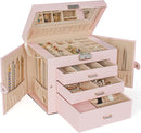 AKOZLIN 4-Tier Jewelry Box Lockable Leather Jewelry Storage Case Organizer with 3 Drawers for Women Girls Ring Necklace Earring Bracelet Watches Holder with Mirror Pink by TinyTreasures Baby Boutique