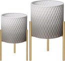 ARNIS Plants Pots with Stand,Set of 2 Flower Pots, Unique Mid Century Decorative Metal Flower Pots with Drainage,10.5&12.25 Inch, Grey and White by CozyNest Decor