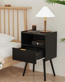 Nightstand,Modern Bedside Table with Storage Drawer and Open Wood Shelf, Accent Night Stand with Solid Wood Legs for Living Room, Bedroom and Small Spaces,Easy Assembly (Black) by CozyNest Decor