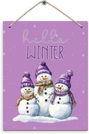 Purple Hello Winter Snowman Hanging Wooden Signs 10x8, Snowman Winter Signs, Winter Door Sign, Purple Snowman Winter Snowflakes Home Room Office Hanging Wall Decor by CozyNest Decor