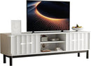 White Mid Century Modern TV Stand, Wood Fluted Living Room TV Stands with Storage Sliding Doors, Desert-Inspired Design MCM Entertainment Center for 55 60 65 70 75 55+ 60+ 65+ 70+ Inch by CozyNest Decor