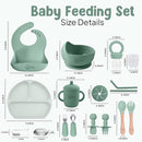 O'doe 17-Piece BPA-Free Silicone Baby Feeding Set | Thick & Soft Suction Plates, Baby Bowls, Wooden Fork & Spoon, and More | Make Mealtime Fun and Easy for Your Little One (Green, V2) by TinyTreasures Baby Boutique